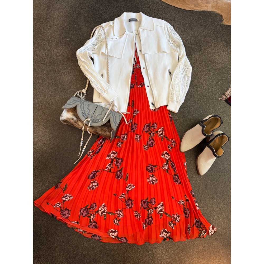 Lulus Red Orange Loved by you Floral Pleated Midi Dress Ruffle VNeck Tie Back XS